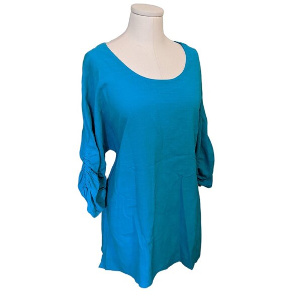 Womens Turquoise 100% Cotton Texture Tunic Top 3/4 Ruched Sleeve Lagenlook XL - Picture 2 of 8